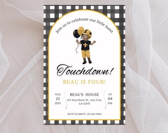 Invitación de cumpleaños de fútbol americano en negro y dorado / Invitación para fiesta infantil con temática de fútbol americano de Nueva Orleans / Plantilla editable de Canva