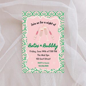 Botox and Bubbly Invitation | Pink Green Cream Digital Invite | Girls Night Out Printable | Spa Party Editable Template | Botox Party Evite