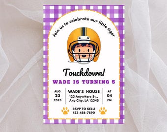 Purple and Gold Boy's Football Birthday Invitation | Tailgate Birthday Party Invite | Game Day Birthday Party | Editable Sports Invite