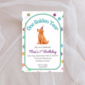 One Golden Year Invitation | Golden Retriever 1st Birthday Invite | Puppy Dog Birthday Party Printable | Editable First Birthday Template