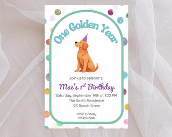 One Golden Year Invitation | Golden Retriever 1st Birthday Invite | Puppy Dog Birthday Party Printable | Editable First Birthday Template