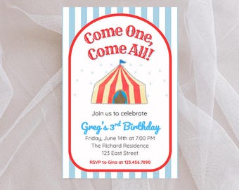 Carnival Birthday Invitation | Editable Circus Party Invite | Come One Come All Printable Template | Digital Download 5x7