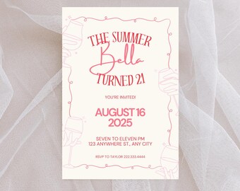 Invitación "El verano que cumplí 21" / Invitación editable para fiesta de cumpleaños número 21 / Plantilla digital roja y rosa / Invitación de verano imprimible