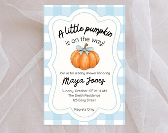 A Little Pumpkin Baby Shower Invitation | Blue Gingham Fall Baby Shower Invite | Editable Fall Baby Boy Shower Template