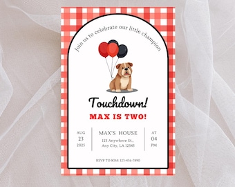 Invitación de cumpleaños de fútbol rojo y negro / Invitación editable para fiesta de niño / Tema de bulldog imprimible / Plantilla Canva de descarga instantánea