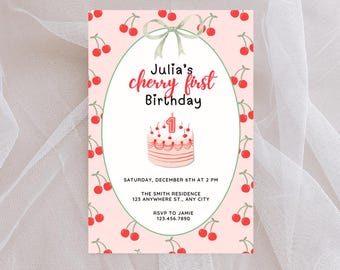 Cherry First Birthday Invitation | Girl's 1st Birthday Party Invite | Pink Red Cherry Theme | Editable Template | Instant Download