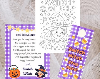 Paquete de brujas Switch / Carta de Halloween imprimible, página para colorear y colgador de puerta / Tradición de Halloween para niños