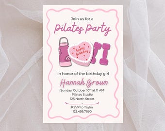 Pilates Party Birthday Invitation | Editable Birthday Invite Template | Pink Workout Fitness Birthday Party Digital Download