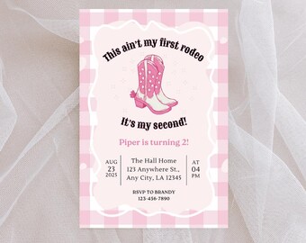This Ain’t My First Rodeo Invitation | Second Rodeo Birthday Party Invite | Pink Cowgirl 2nd Birthday | Editable Template | Western Theme