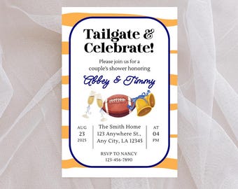 Tailgate and Celebrate Couples Shower Invitation | Navy and Orange Football Party Invite | Fall Wedding Shower Digital Download