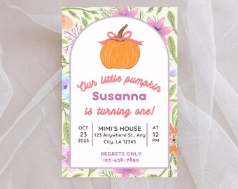 Our Little Pumpkin First Birthday Invitation | Fall Floral Pumpkin Birthday Party Invite | Pink and Orange Girl 1st Birthday Printable