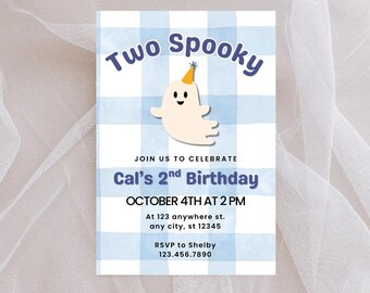 Two Spooky Birthday Invitation Boy | Blue Boy's 2nd Birthday Invite | Halloween Party Canva Template | Digital Download Second Birthday
