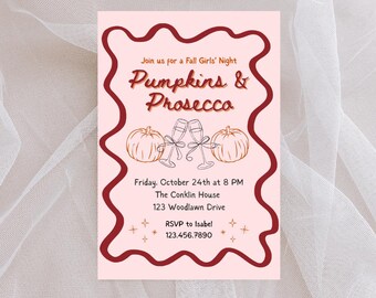 Invitación para una noche de chicas en otoño / Plantilla de Canva en tonos rubor y burdeos / Invitación con calabazas y prosecco / Descarga digital (5x7)
