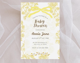 Yellow Gender Neutral Baby Shower Invitation | Floral Bow Baby Invite | Editable Canva Template | Printable Yellow Baby Shower