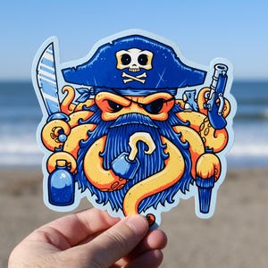 May include: A blue and yellow cartoon octopus pirate with a blue hat, an eyepatch, a beard, and a sword. The octopus is holding a bottle, a pistol, and a hook.