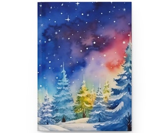 May include: A watercolor painting of a snowy forest scene with a colorful sky. The trees are blue and green, and the sky is a mix of blue, purple, pink, and orange. There are white stars scattered across the sky.