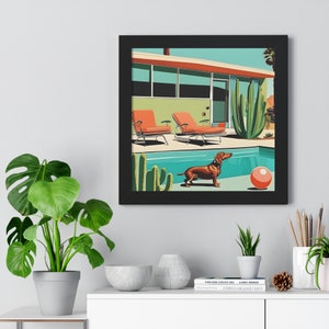 Framed Poster Print Cute Dachshund Dog at Pool Mid-Century Modern Print Nursery Art Child&#39;s Bedroom Art Modern Art Home Decor