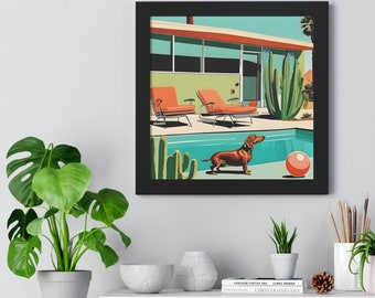 Framed Poster Print Cute Dachshund Dog at Pool Mid-Century Modern Print Nursery Art Child's Bedroom Art Modern Art Home Decor