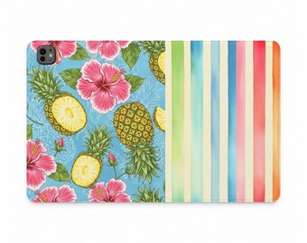 Tropical Pineapple Hibiscus Tablet Folio Case | Pastel Stripe Cover