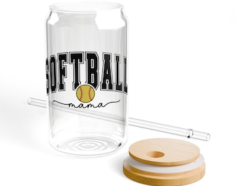 Softball Mama Sipper Glass, 16oz Glass Sipper Tumbler Mug Lid Straw Glass Tumbler Bamboo Lid Glass Straw Glass Reusable Coffee Sipper