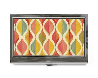 Retro Mid Century Wave Pattern Business Card Holder | Orange Yellow Teal