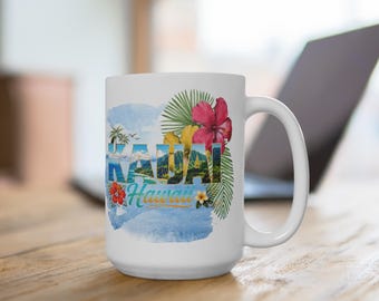 Kauai Hawaii Floral Typography Mug | Tropical Hibiscus Palm Beach Scene