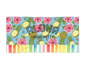 Aloha University Pineapple Hibiscus Beach Towel | Tropical Stripe