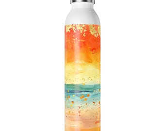 Sunset Watercolor Slim Water Bottle | Sunset Beach Stripe Bottle