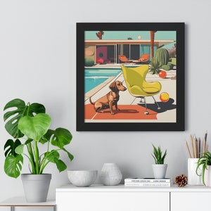 Dachshund Dog Framed Poster Print Cute Dachshund Dog at the Pool Mid-Century Modern Print Nursery Art Child&#39;s Bedroom Art