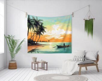 Arazzo da parete per interni con tramonto tropicale, decorazione da spiaggia per camera da letto, soggiorno o dormitorio universitario, arazzo oceanico con maestoso tramonto sul mare.