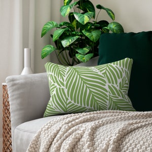 Green Tropical Print Lumbar Pillow Leaf Print Coastal Accent Pillow Couch Living Room Bedroom Home Decor