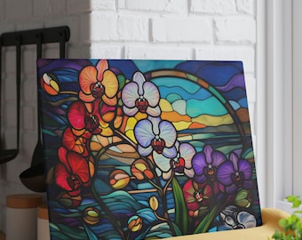 Glass Cutting Board Stained Glass Look Orchid Sunset View Perfect Housewarming Gift Glass Charcuterie Board