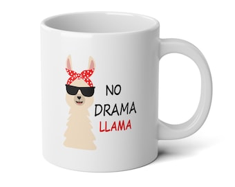 May include: White ceramic mug with a cartoon llama wearing sunglasses and a red polka dot bandana. The text "NO DRAMA LLAMA" is printed on the mug.