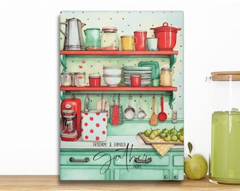 Retro Glass Cutting Board Kitchen Friends and Family Gather Here Kitchen Gift for Mother's Day or Housewarming Gift