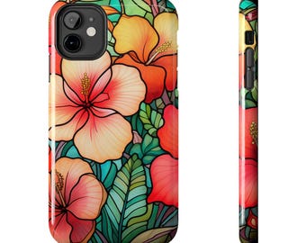 May include: A phone case featuring a vibrant floral design. The case showcases large hibiscus flowers in shades of orange, red, and peach, set against a backdrop of green leaves and teal accents. The side view reveals the case's slim profile.