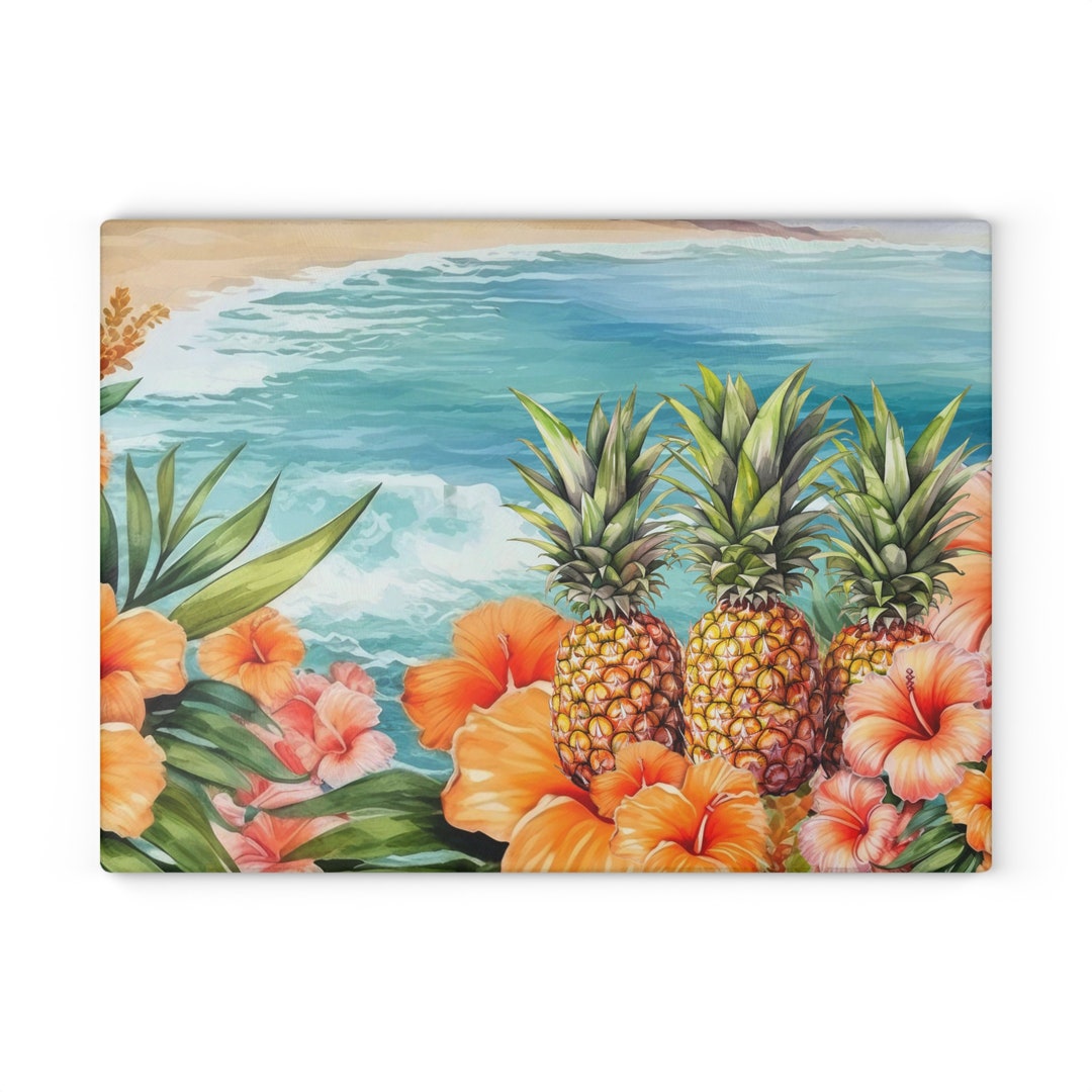 Hawaii Pineapple Glass Cutting Board Stained Glass Look Aloha Beach