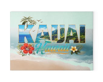 Kauai Beach Scene Glass Cutting Board | Palm Trees, Hibiscus, Ocean Waves
