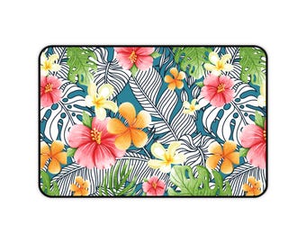 Tropical Hibiscus Floral Desk Mat | Palm Leaves, Plumeria Pattern