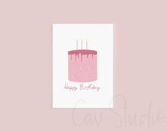 Tarjeta de cumpleaños feliz rosa, tarjeta de pastel de cumpleaños, tarjeta de cumpleaños femenina, tarjeta de cumpleaños imprimible, tarjeta de cumpleaños brillante, tarjeta de cumpleaños