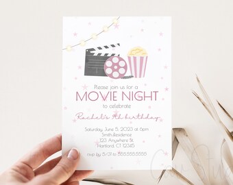 May include: Pink and gray movie night party invitation with a clapperboard, film reel, and popcorn bucket. The invitation says "Please join us for a Movie Night to celebrate Rachel's 4th birthday".