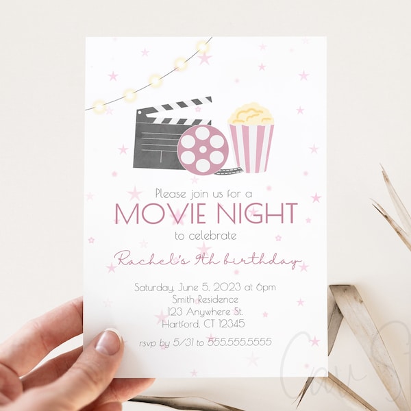 Movie Night Birthday Party Invite, Girl Birthday Party, Pink Birthday Invite, Movie Night, Pink Invitation, Stars Invitation