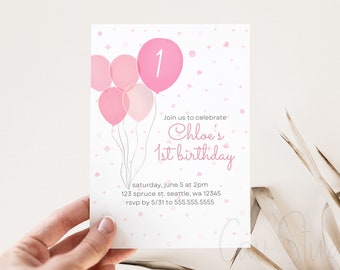 1st Birthday Girl Invite, Balloons Birthday Party Invite, Girl Birthday Party, 1st Birthday Party, Pink Invitation, 1st Birthday Girl Invite
