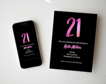 Invitación de cumpleaños número 21, invitación de cumpleaños número 21, invitación de cumpleaños de niña, invitación de cumpleaños rosa neón