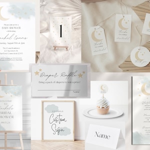 Dreamy Baby Shower Bundle, Blue Baby Shower Bundle, Boy Baby Shower Bundle, Baby Shower Invite, Moon and Stars Baby Shower Invitation