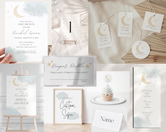 Dreamy Baby Shower Bundle, Blue Baby Shower Bundle, Boy Baby Shower Bundle, Baby Shower Invite, Moon and Stars Baby Shower Invitation