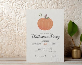 May include: A Halloween party invitation featuring an orange pumpkin illustration with a green stem. The invitation includes the text "Join us for a Halloween Party" and event details for October 28th at 2 PM. The invitation is on a cream-colored background.