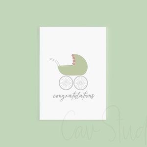 Baby Shower Card, Printable Card, Greeting Card, Baby Carriage Card, Pram Card, Gender Neutral Baby Shower Card, Printable Baby Shower Card