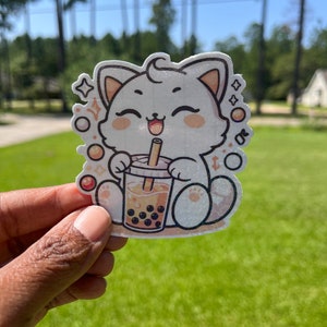 Sticker Boba kat | Schattige kat nippend aan Boba-thee | Sticker Kawaii Bubble Tea | Leuke planners en laptops voor vinylstickers | Perfect cadeau kattenliefhebbers