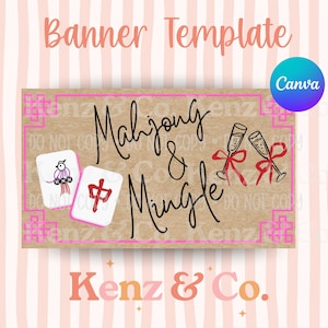 Könnte beinhalten: Banner-Vorlage mit den Worten "Mahjong & Mingle" in schwarzer Schrift. Das Design umfasst zwei Mahjong-Kacheln, Champagnergläser und den Text "Kenz & Co.". Der Hintergrund ist hellbraun mit rosa Akzenten.