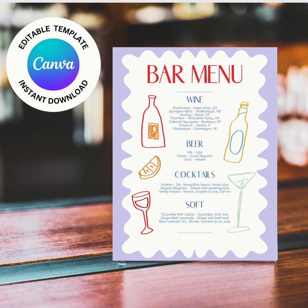 Funky Editable Bar Menu Template Customizable Cocktail & Drink List for ...